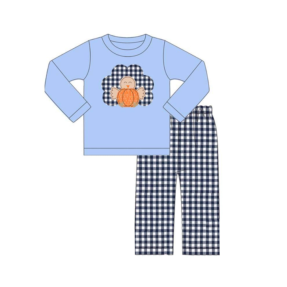 preorder BLP0510 Thanksgiving Autumn turkey pumpkin blue long sleeve navy blue checkered pants boys set