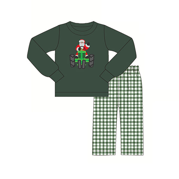 preorder BLP0529 Christmas Santa tractor dark green long sleeve green checkered pants boys set