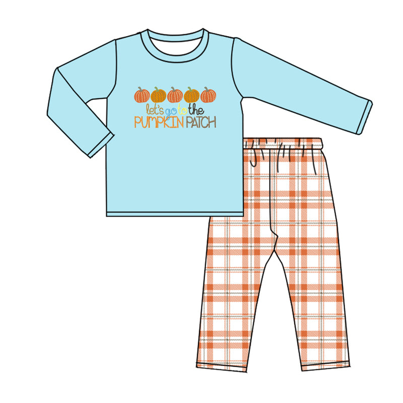 preorder BLP0577 let go to the pumpkin patch blue long sleeve checkered pants boys set