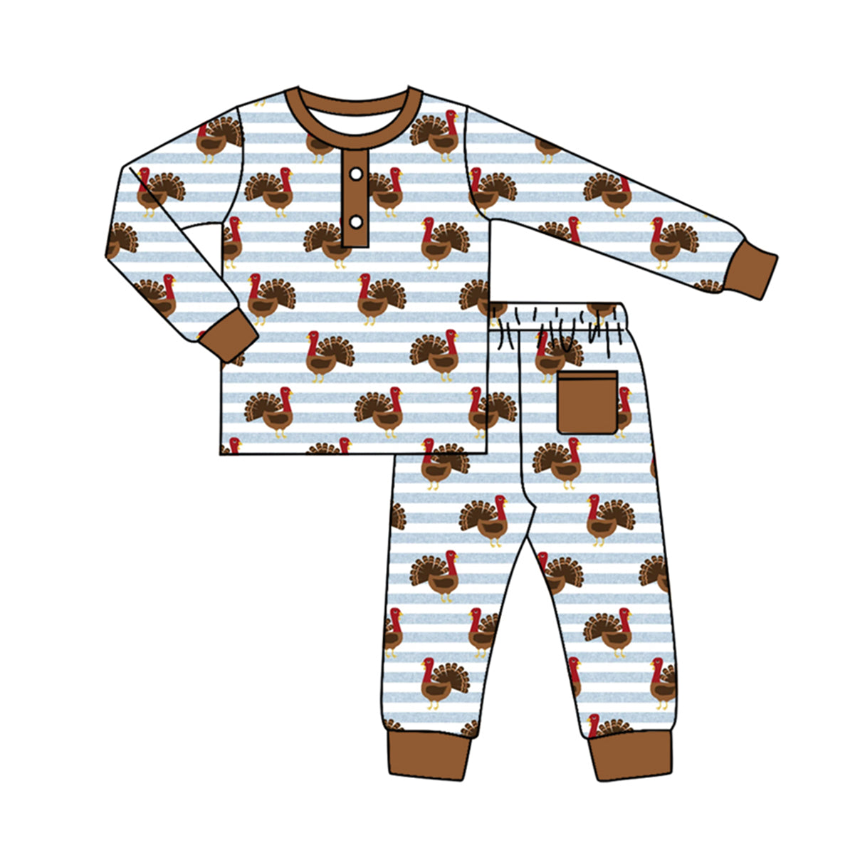 preorder BLP0578 Thanksgiving turkey blue striped long sleeve pants boys pajamas
