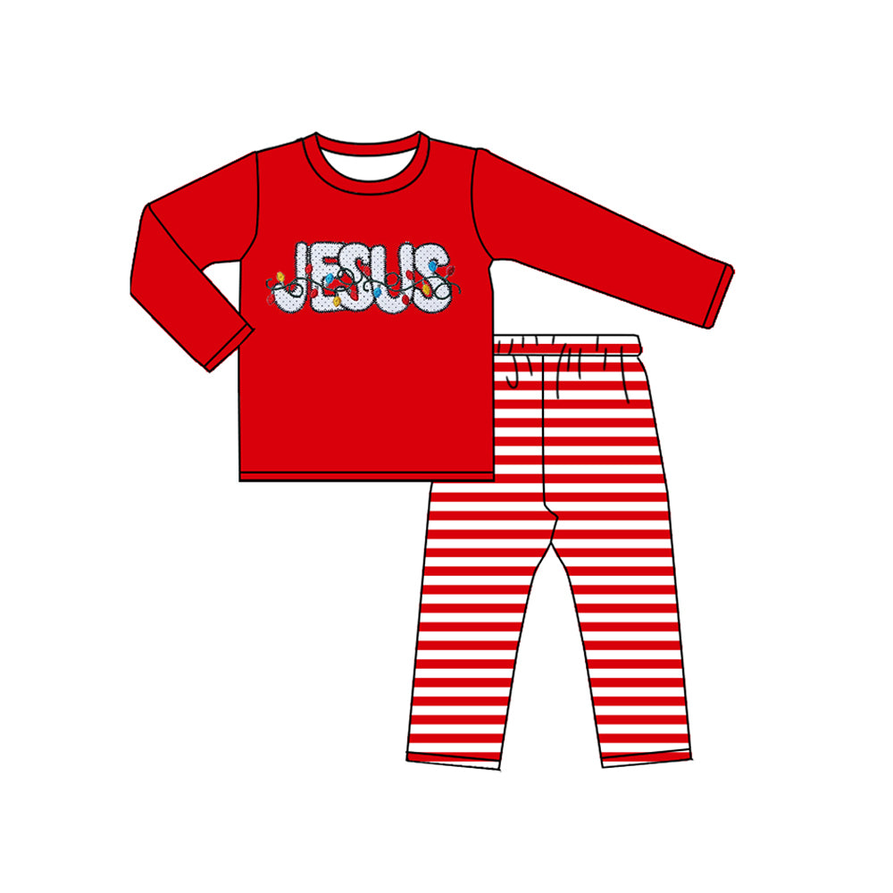 preorder BLP0600 Christmas light Jesus red long sleeve striped pants boys pajamas