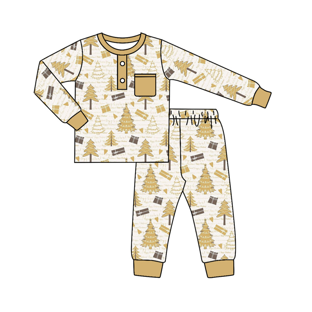 preorder BLP0614 happy new year tree golden long sleeve pants boys pajamas