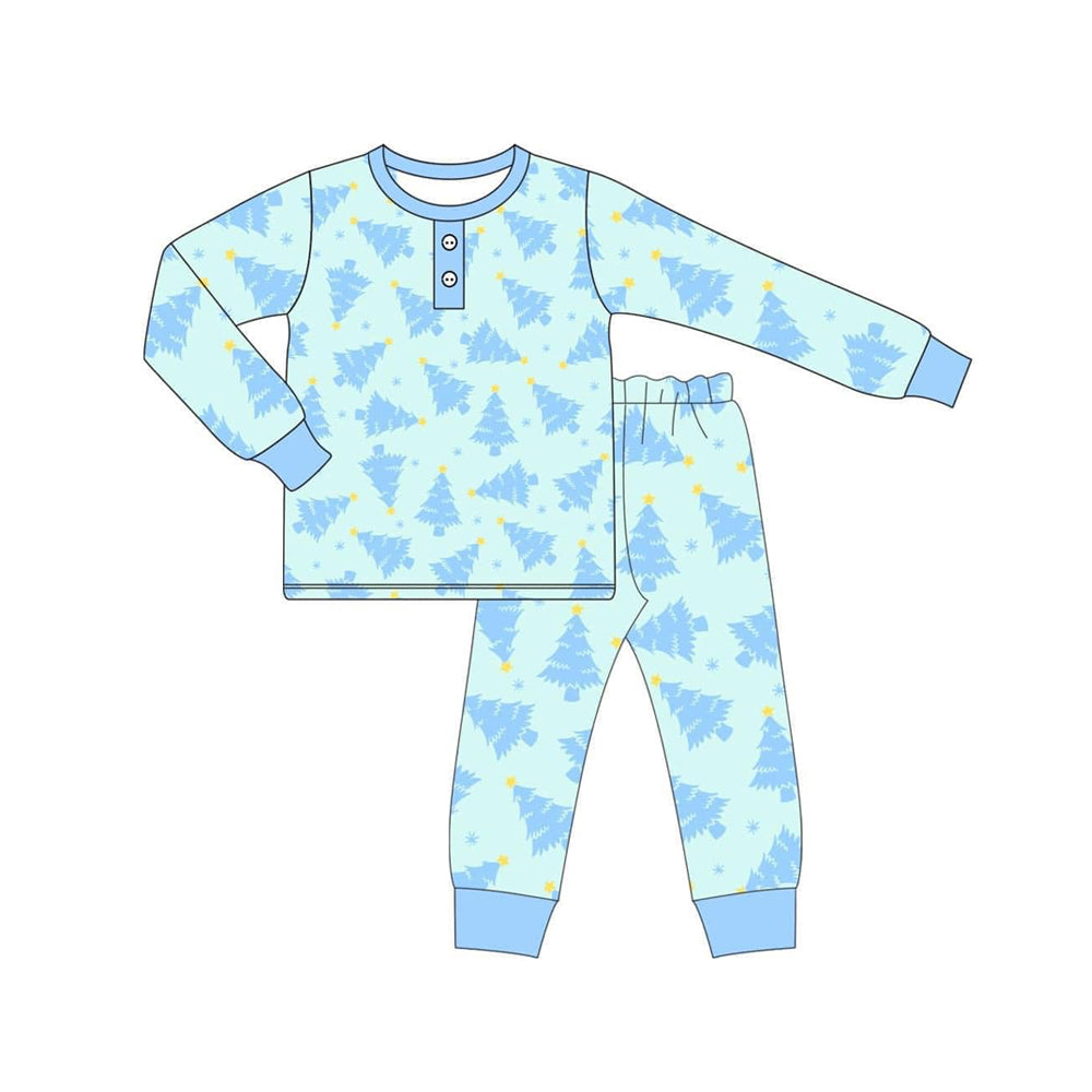 preorder BLP0628 Christmas tree blue long sleeve pants boys pajamas