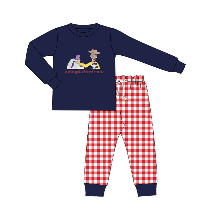 preorder BLP0634 cartoon toy navy blue long sleeve red checkered pants boys set