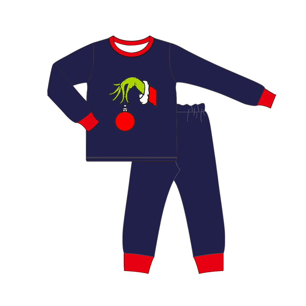 preorder BLP0640 Christmas green face navy blue long sleeve pants boys pajamas