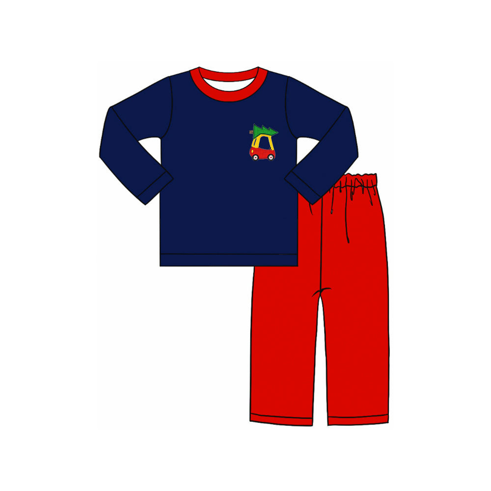 preorder BLP0692 Christmas tree golden car navy blue long sleeve red pants boys set