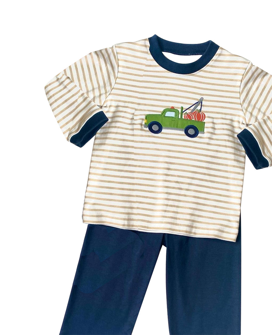 preorder BLP0762 Pumpkin truck striped long sleeve navy blue pants boys set