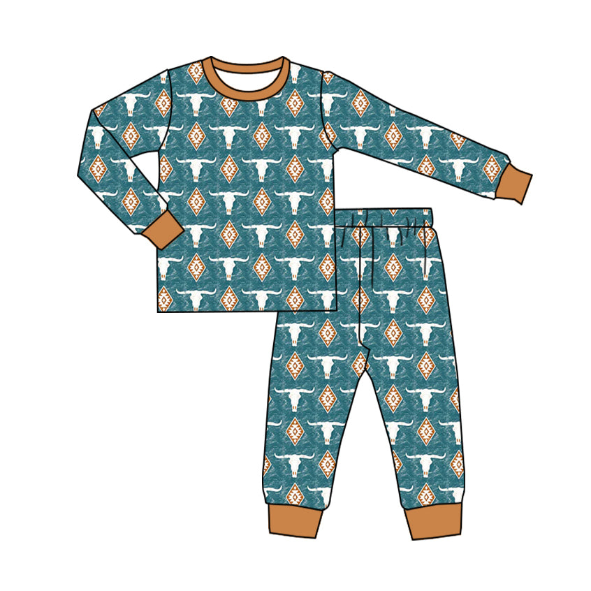 preorder BLP0765 Western Aztec cow green long sleeve pants boys pajamas