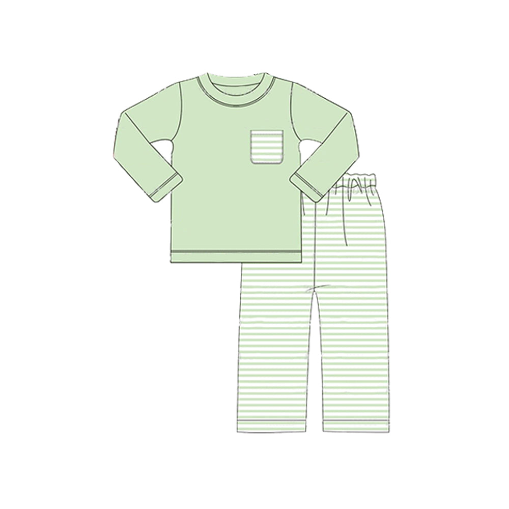 preorder BLP0779 light green pocket long sleeve green striped pants boys set