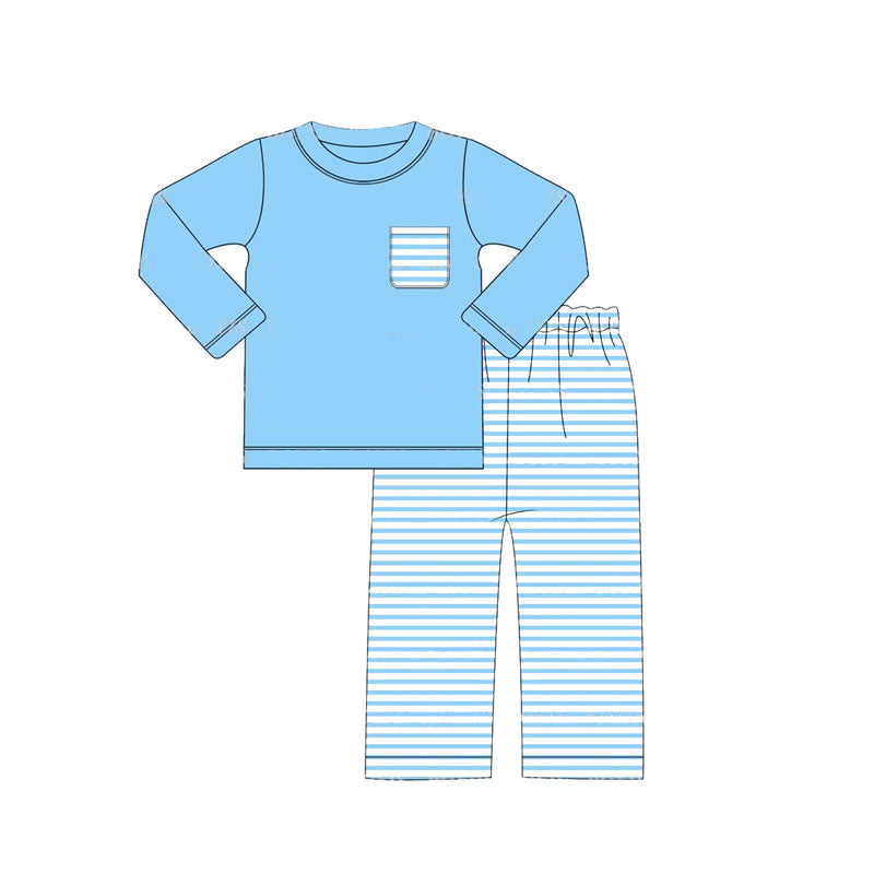 preorder BLP0780 blue pocket long sleeve blue striped pants boys set