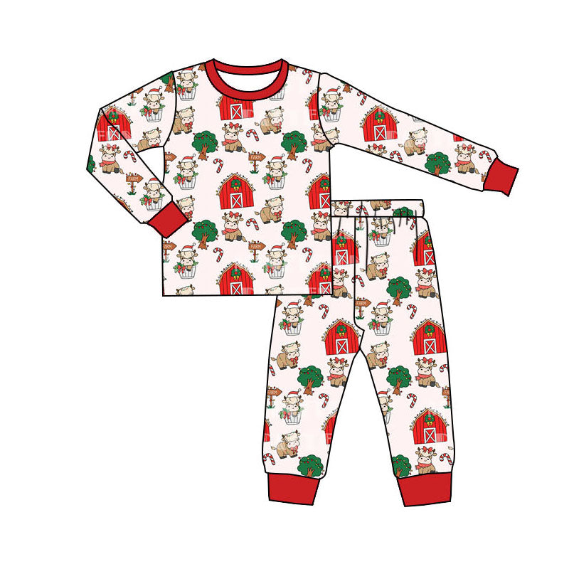 preorder BLP0784 Christma farm cow house cane candy red long sleeve pants boys pajamas