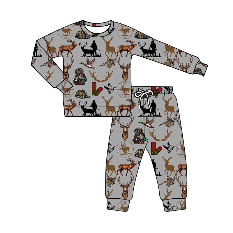 preorder BLP0799 Hunting mallard deer grey long sleeve pants boys set