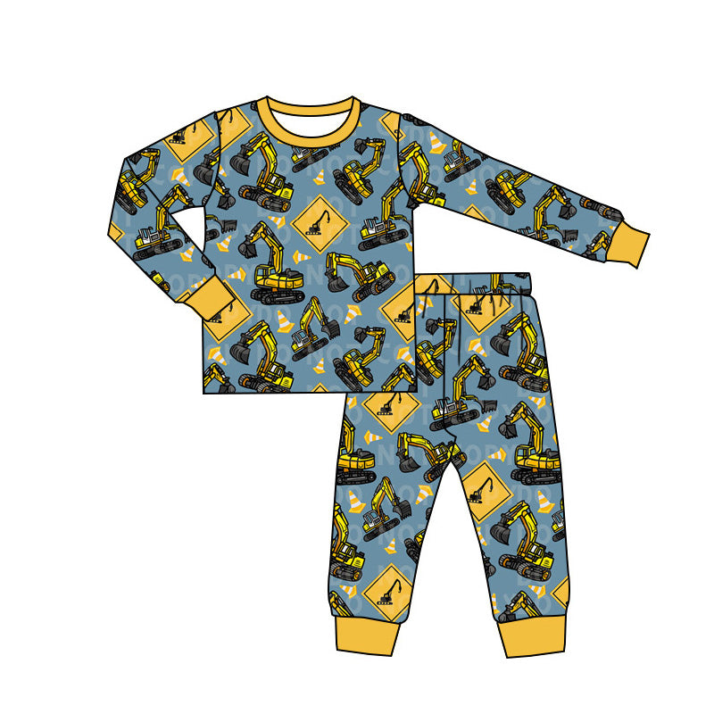 preorder BLP0802 construction truck yellow long sleeve pants boys pajamas
