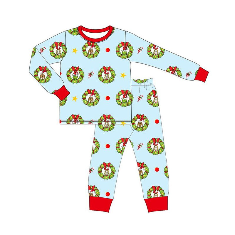 preorder BLP0811 Christmas green face blue long sleeve pants boys pajamas