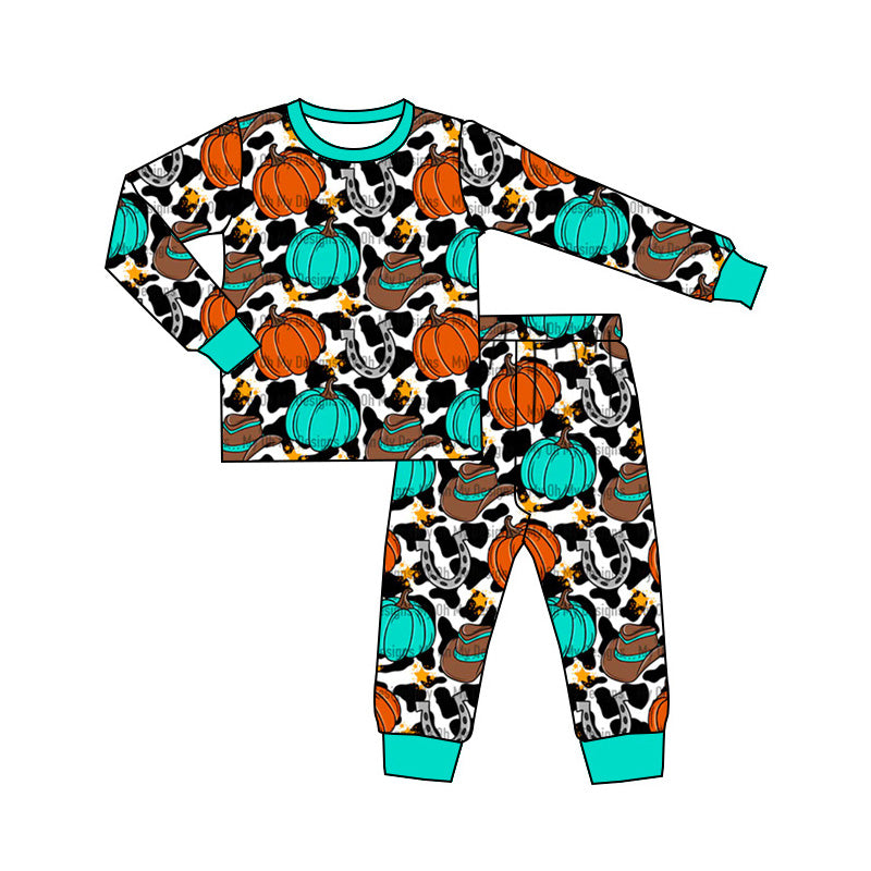 preorder BLP0814 Western pumpkin hat cow print long sleeve pants boys pajamas