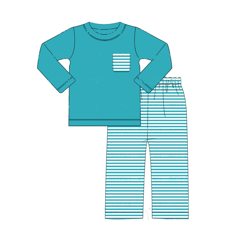 preorder BLP0822 Christmas blue pocket long sleeve blue striped pants boys set