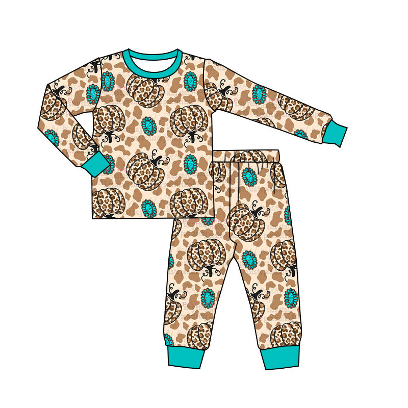 preorder BLP0824 Western leopard pumpkin turquoise long sleeve pants boys pajamas