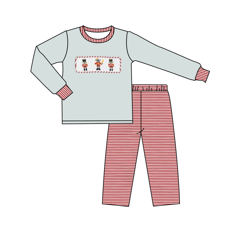 preorder BLP0834 Christmas cartoon soldier grey long sleeve red striped pants boys set