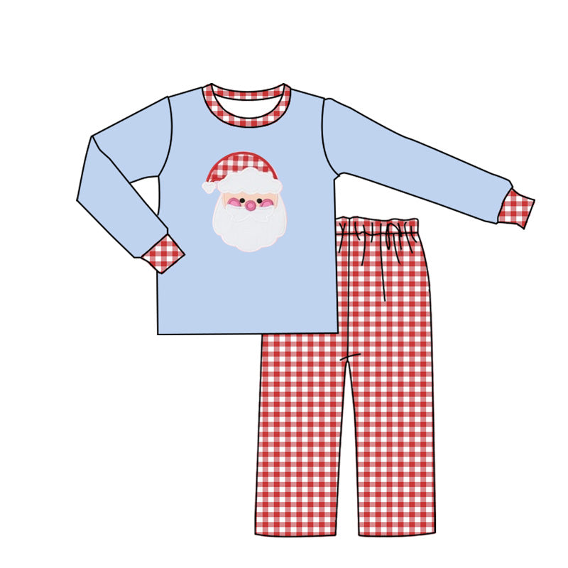 preorder BLP0840 Christmas Santa blue long sleeve red checkered pants boys set