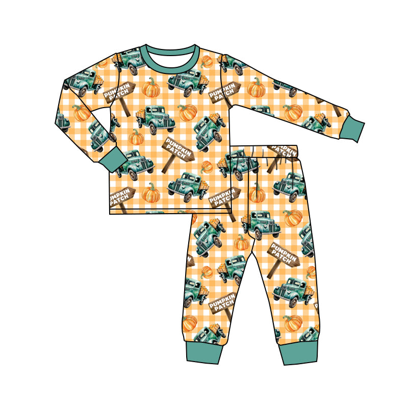 preorder BLP0843 Autumn pumpkin truck orange checkered long sleeve pants boys pajamas