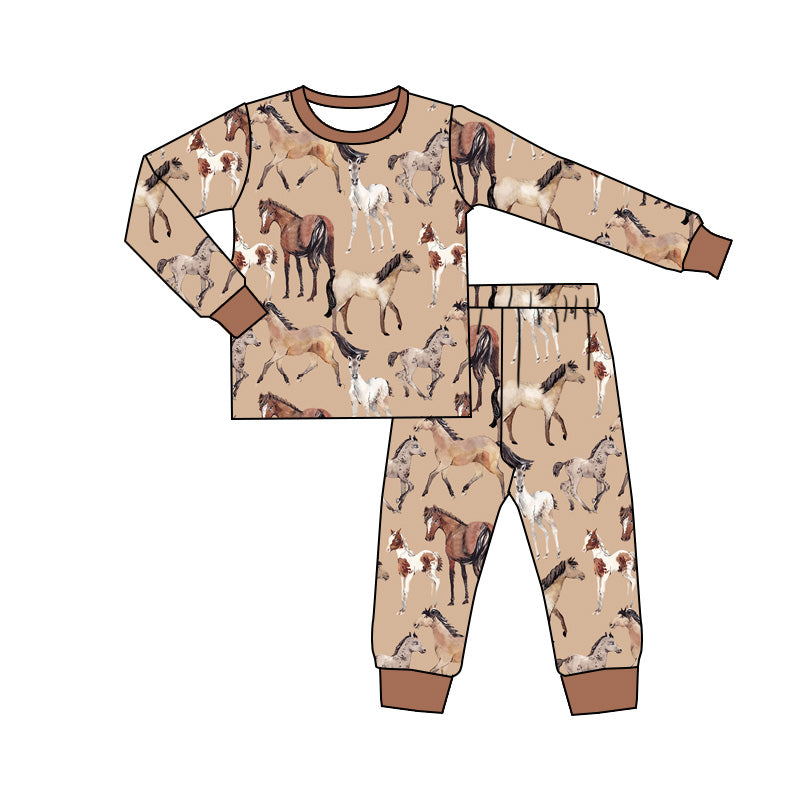 preorder BLP0852 Farm horse brown long sleeve pants boys pajamas