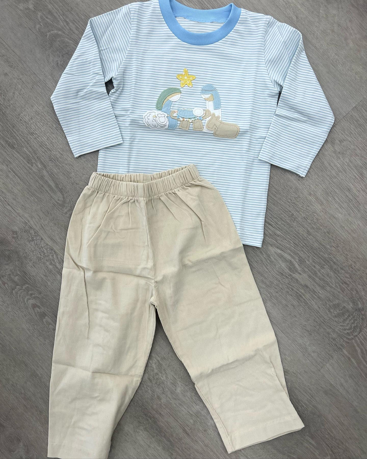 Preorder BLP0862 The Navitity Story blue striped long sleeve khaki pants boys set