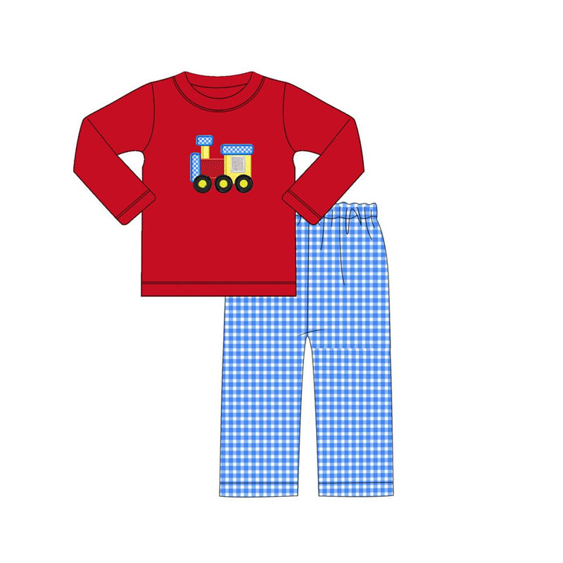 Preorder BLP0867 cute train red long sleeve blue checkered pants boys set
