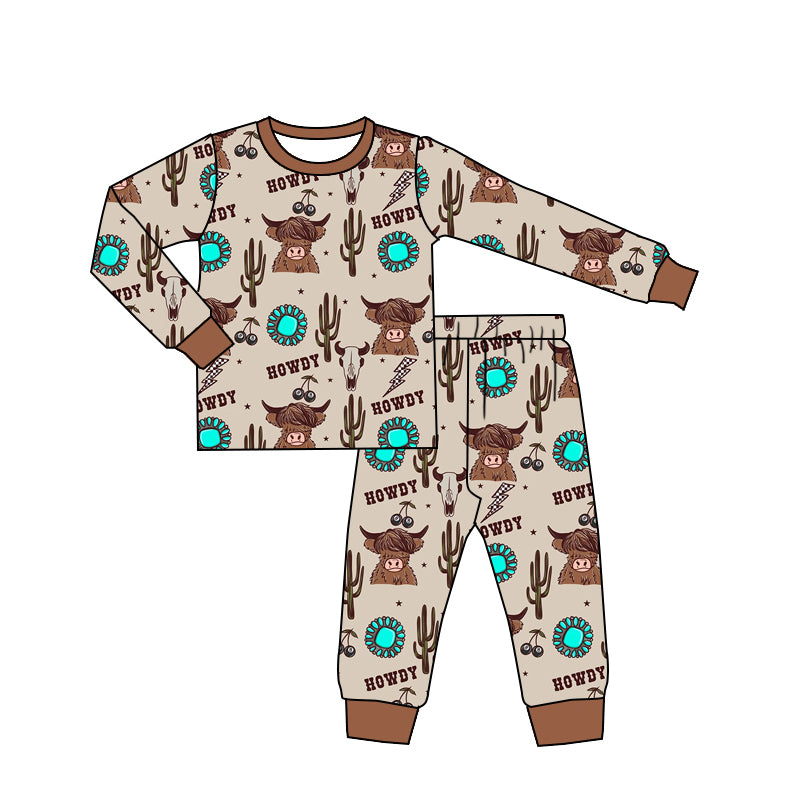 Preorder BLP0885 Westerm howdy highland cow cactus turquoise long sleeve pants boys pajamas