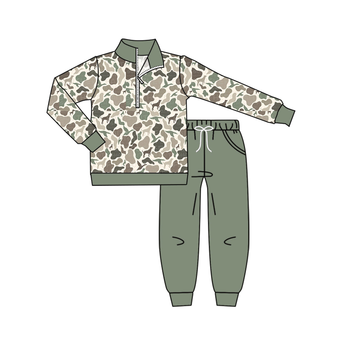 Preorder BLP0905 hunting dog camo long sleeve green pants boys set