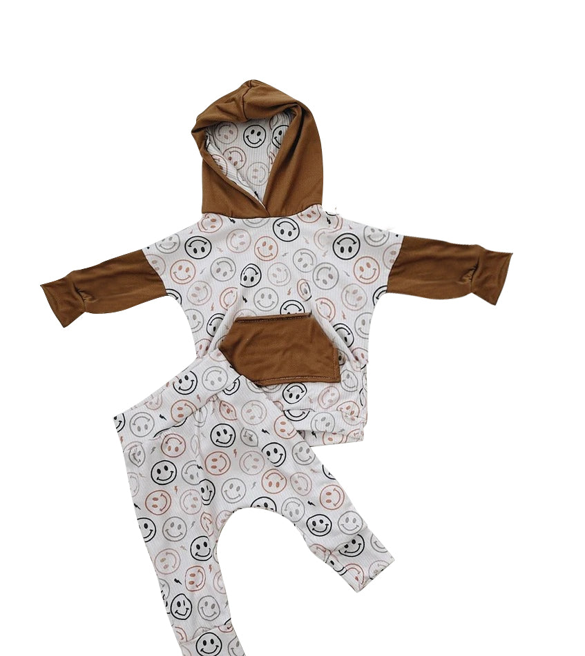 preorder BLP0914 colorful smile brown pocket long sleeve hoodie pants boys set