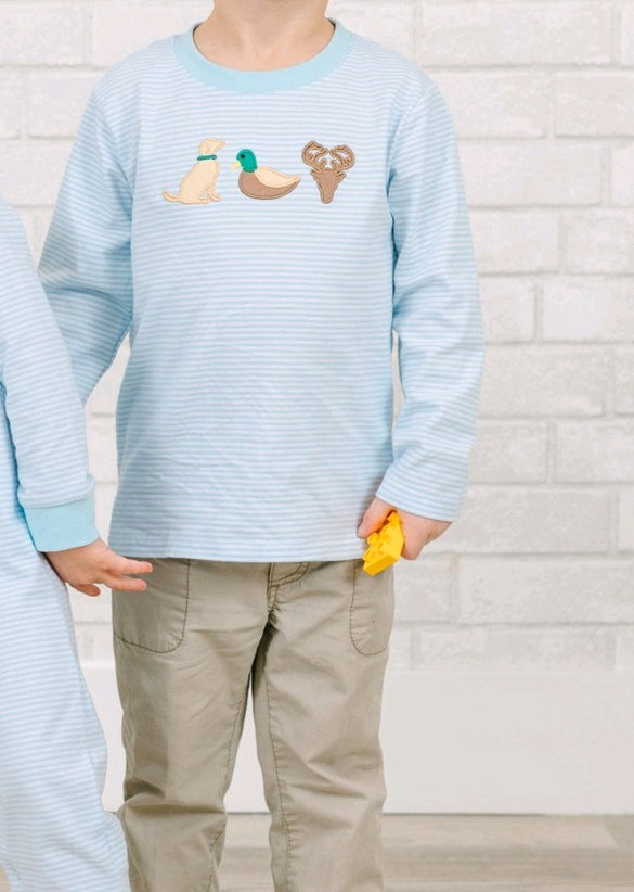 preorder BLP0918 hunting mallard duck deer dog blue striped long sleeve pants boys set