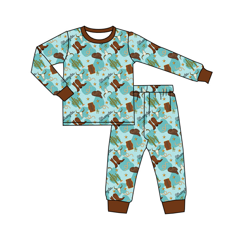 preorder BLP0928 Western cactus cow hat boot blue long sleeve pants boys pajamas
