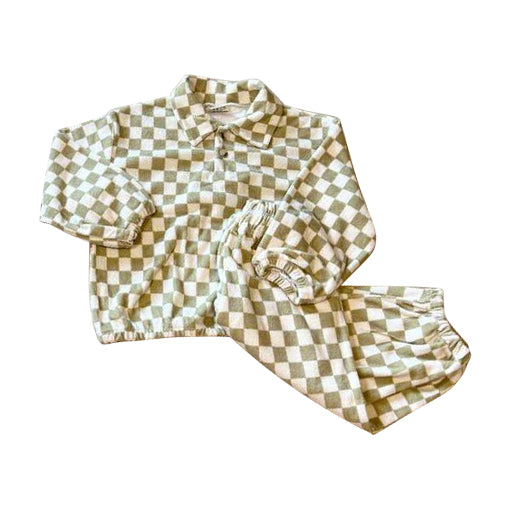 preorder BLP0947 light green checkered long sleeve pullover pants boys set