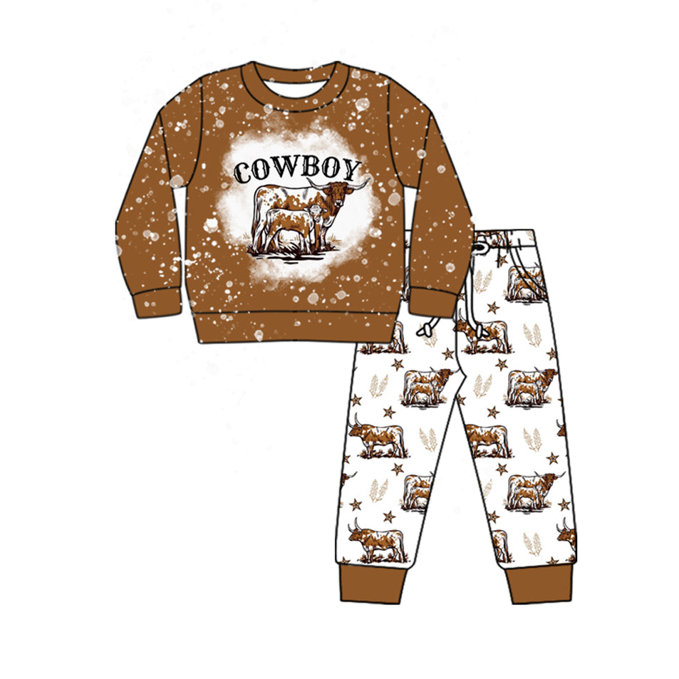 Preorder BLP1014 Western cow cowboy brown long sleeve pants boys set