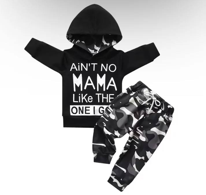 preorder BLP1017 mama like black long sleeve hooded camo pants boys set