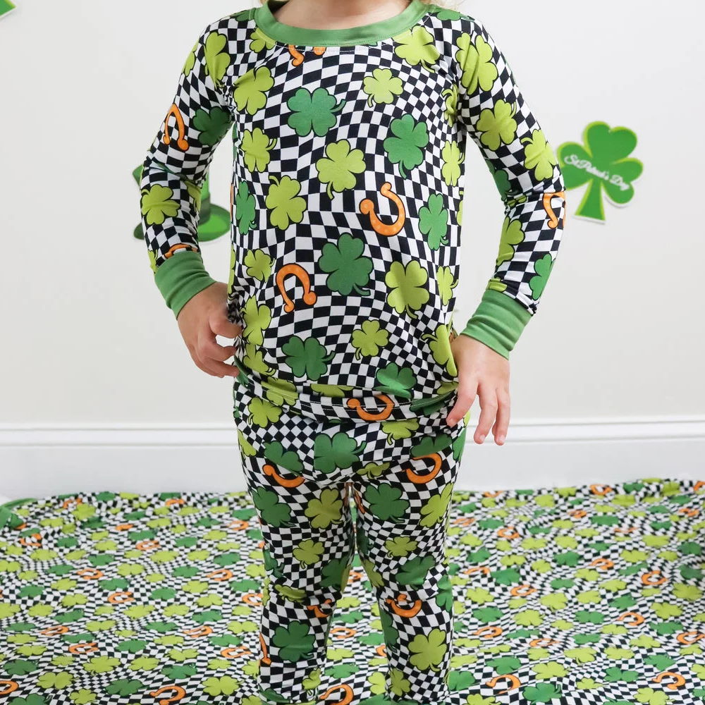 preorder BLP1031 St Partick green clover black checkered long sleeve pants boys pajamas