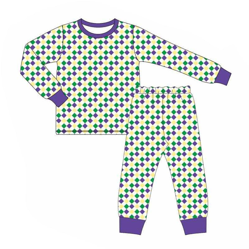 Preorder BLP1045 Mardi Gras green purple yellow checkered long sleeve pants boys pajamas