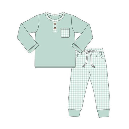 preorder BLP1077 green pocket long sleeve green checkered pants boys set