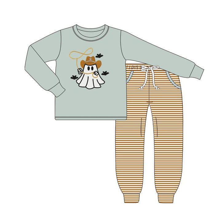 preorder BLP1080 Halloween spooky grey green long sleeve orange striped pants boys set