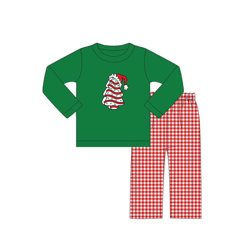 preorder BLP1082 Christmas season tree hat green long sleeve red checkered pants boys set