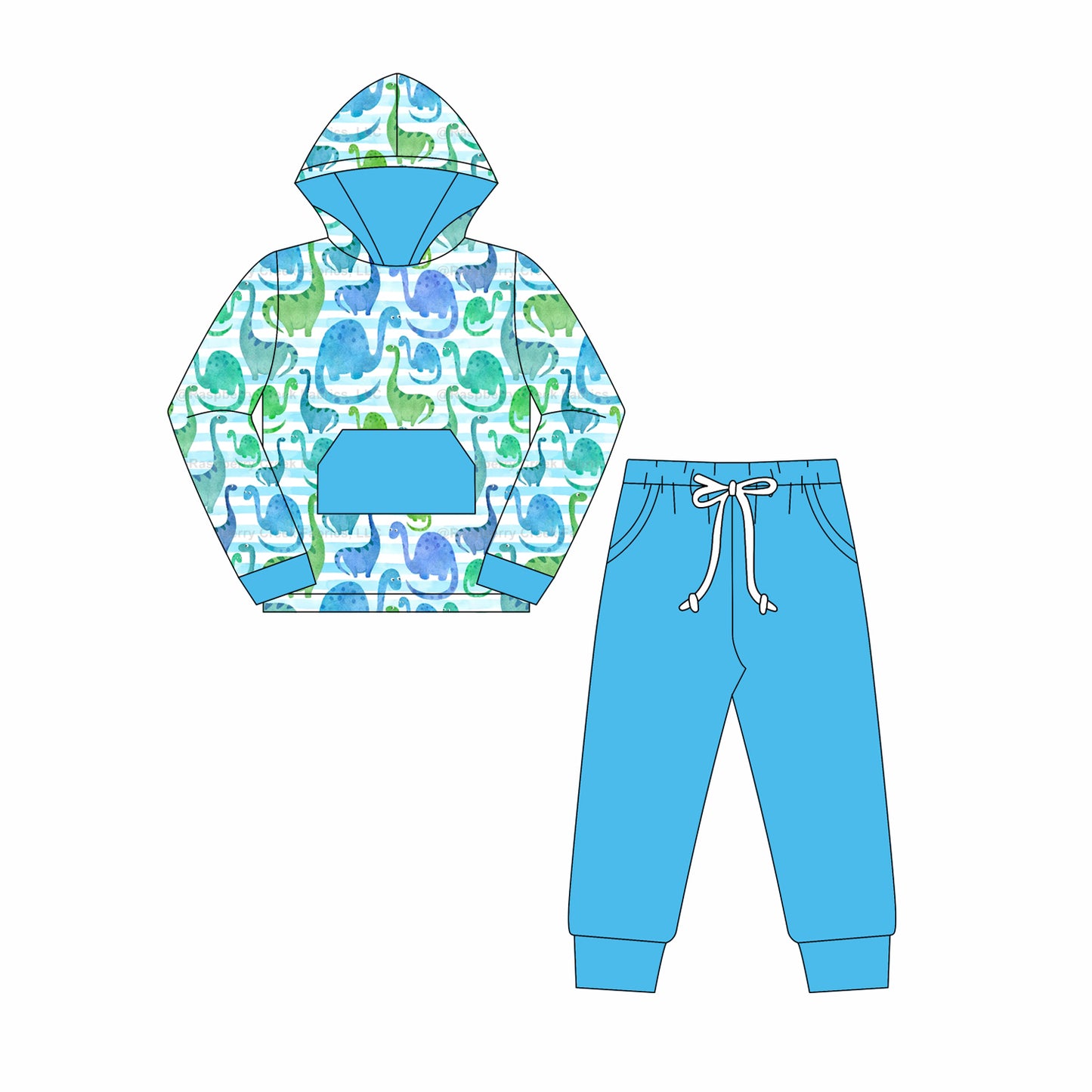 preorder BLP1092 cartoon dinosaur blue pocket hoodie long sleeve pants boys set