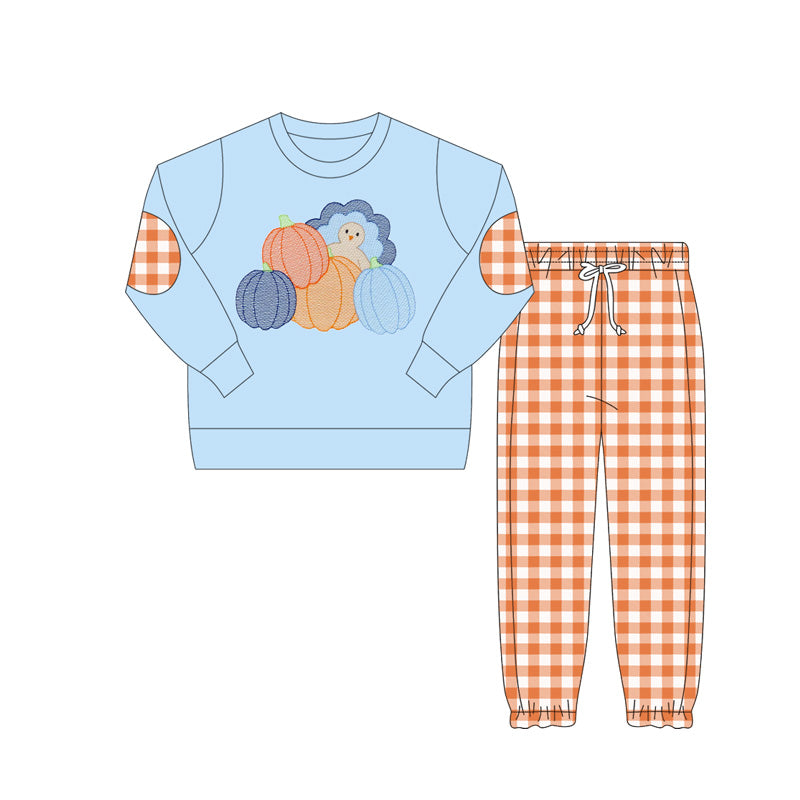 preorder BLP1094 Autumn pumpkin turkey blue long sleeve orange checkered pants boys set