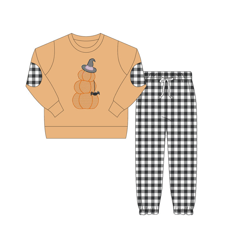 preorder BLP1097 Halloween pumpkin hat orange long sleeve black checkered pants boys set