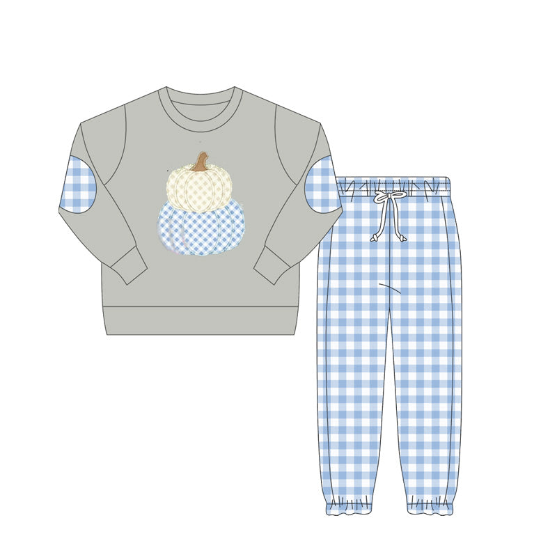 preorder BLP1099 Autumn pumpkin grey long sleeve blue checkered pants boys set