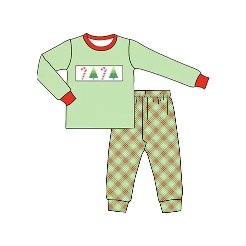 preorder BLP1111 Christmas candy cane tree green long sleeve pants boys set
