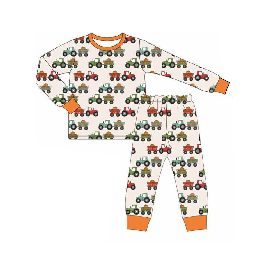 preorder BLP1116 farm tractor pumpkin orange long sleeve pants boys pajamas