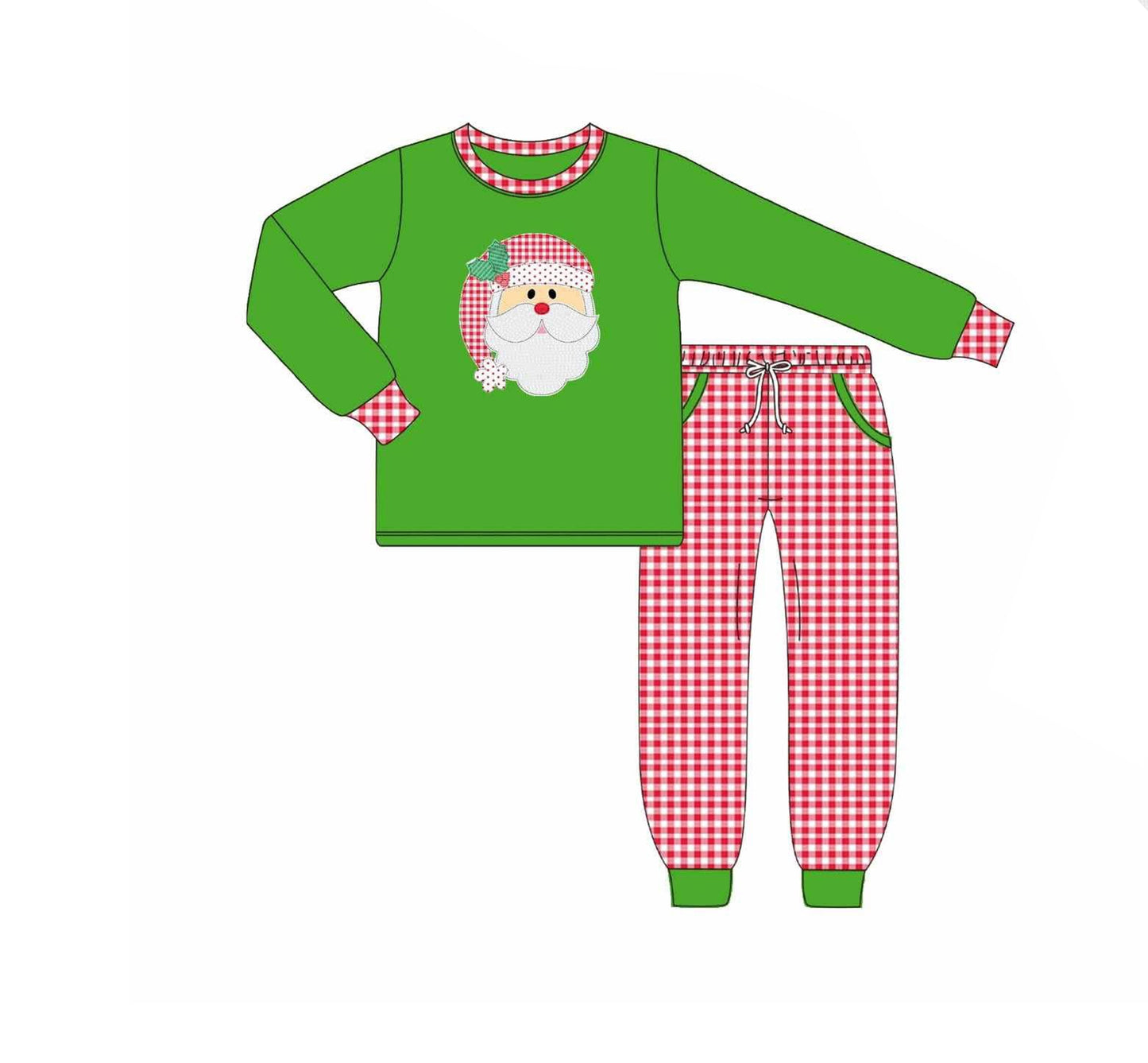 Custom moq 20 bamboo Christmas Santa green long sleeve red checkered pants boys pajamas