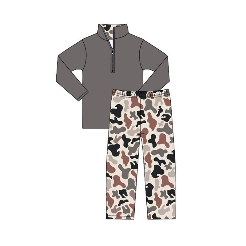 preorder BLP1139 hunting dark grey zipper long sleeve camo pants boys set