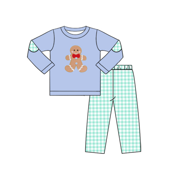 preorder BLP1144 Christmas gingerbread man blue long sleeve green checkered pants boys set