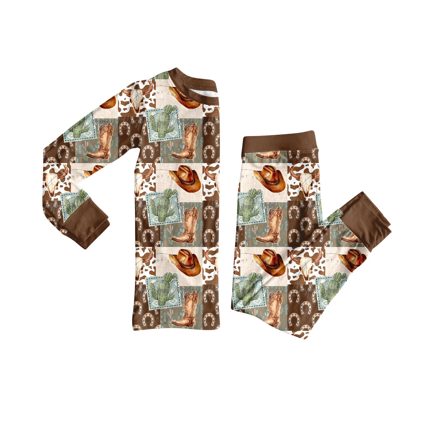 preorder BLP1152 Western boot cactus hat brown long sleeve pants boys pajamas